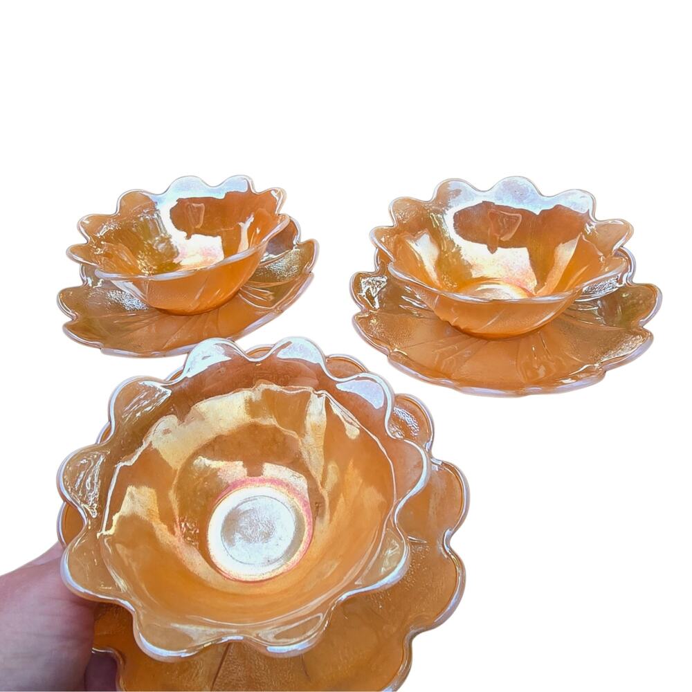 8 Pieces Fire King Peach Luster Iridescent Orange Glass Flower Bowls Plates Vtg